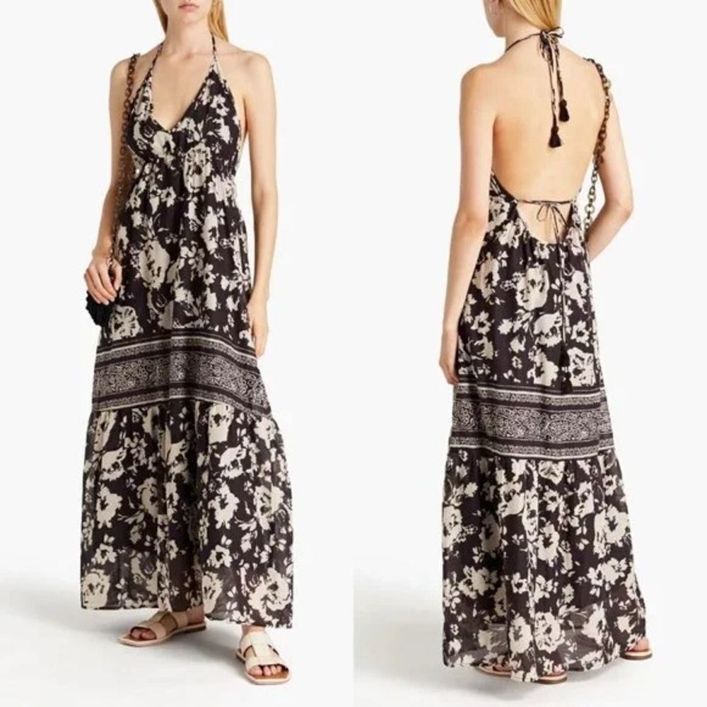 ba&sh Downtown Floral Cotton-Gauze Halter Maxi Dress in Charcoal/Cream | XS
